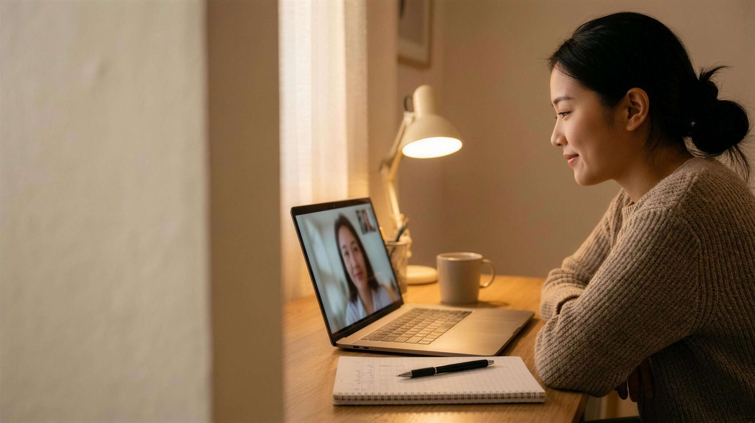 A college student works through calculus notes during an online one-on-one tutoring session on a laptop.