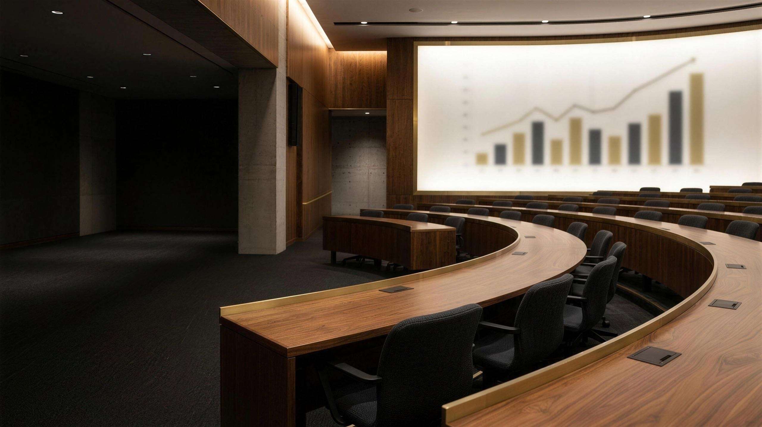A business school case-study classroom with tiered wooden desks facing a lit screen showing a rising chart.