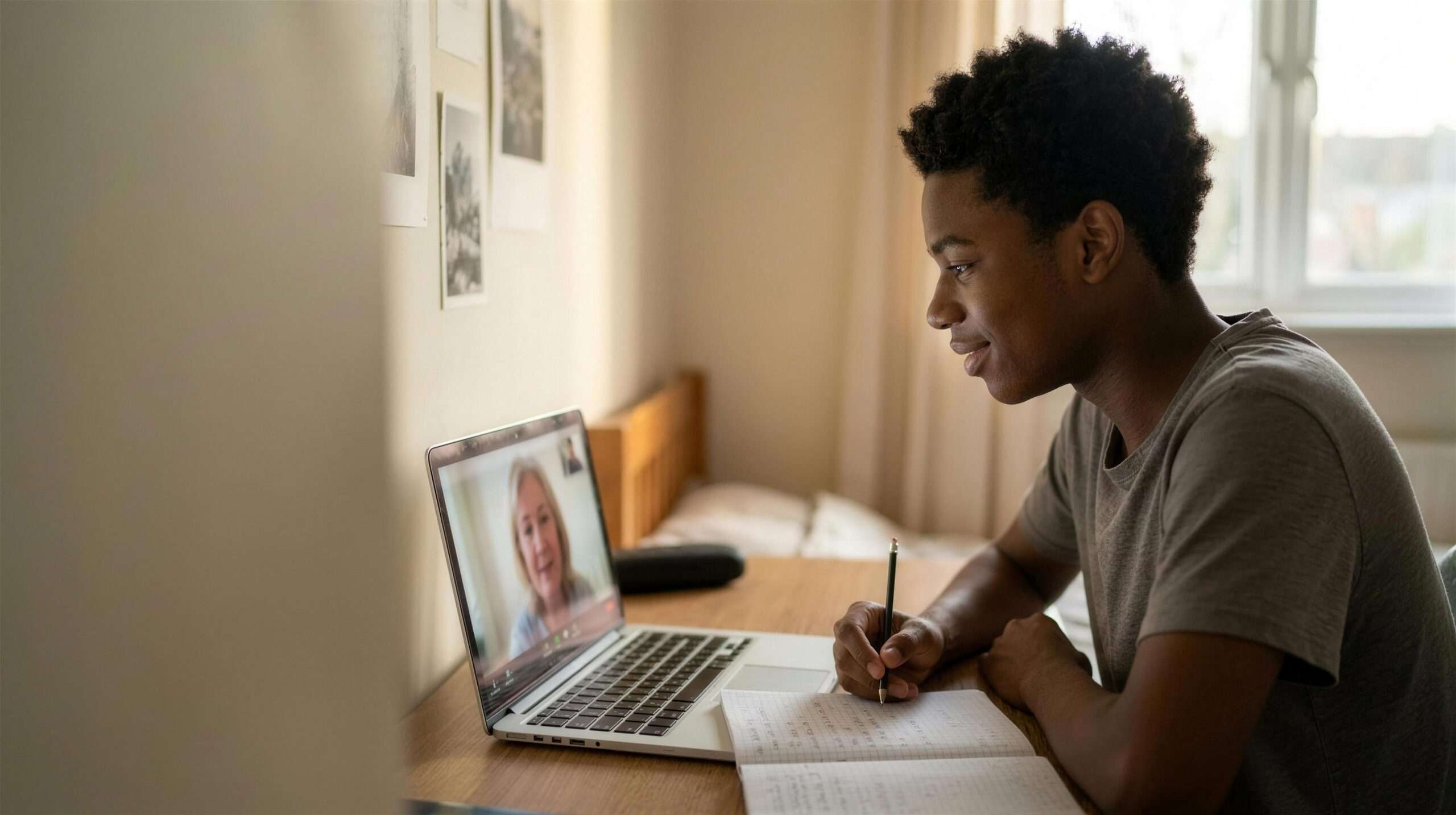 A high school student takes notes on graph paper during an online one-on-one tutoring session on a laptop.