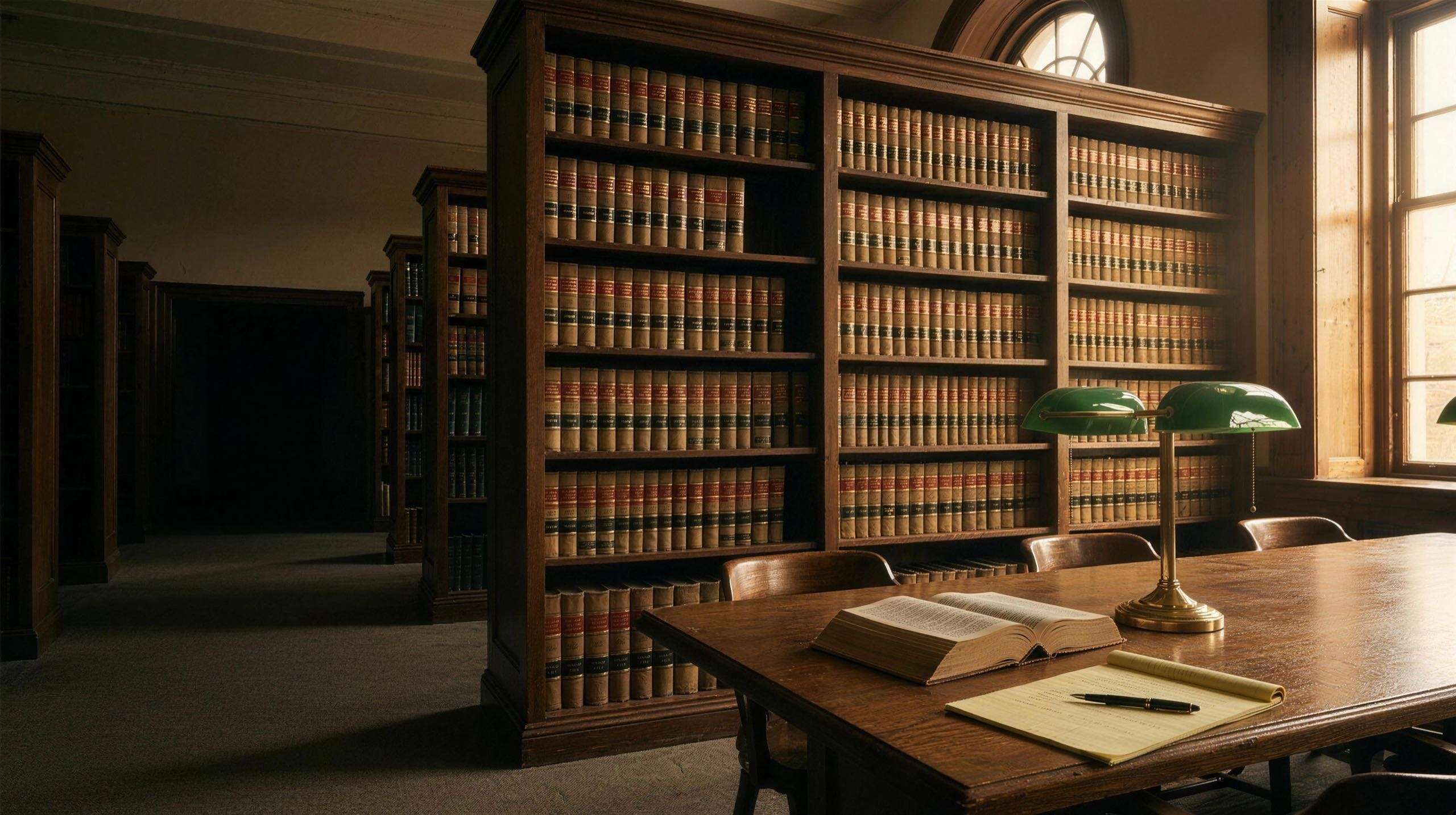 A law library reading room lined with bound case reporters, with an open casebook and legal pad on a study table.