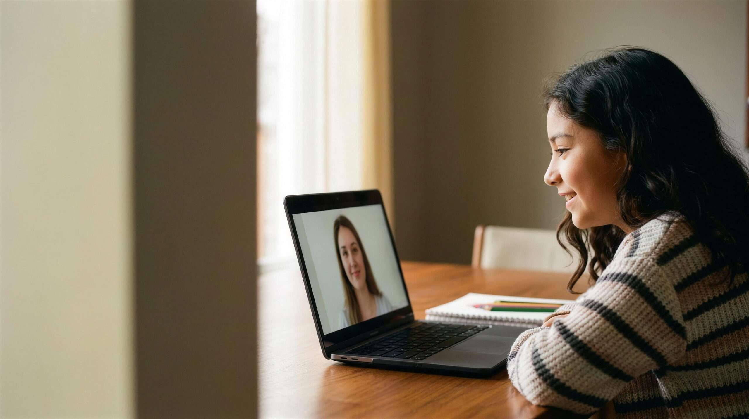 A middle school student listens attentively during an online one-on-one tutoring session at the dining table.