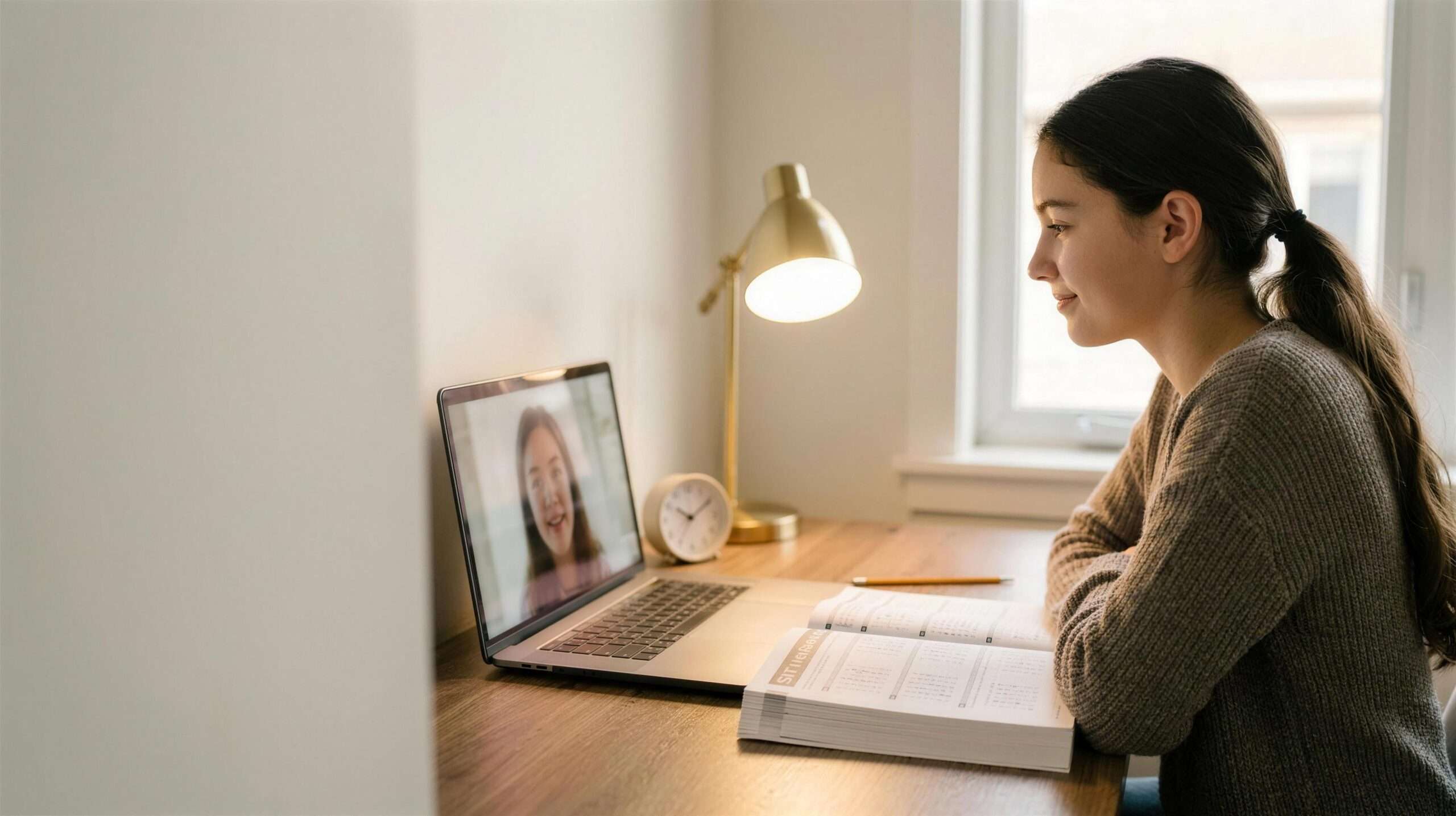 A high school student works through an SAT practice test during an online one-on-one tutoring session.