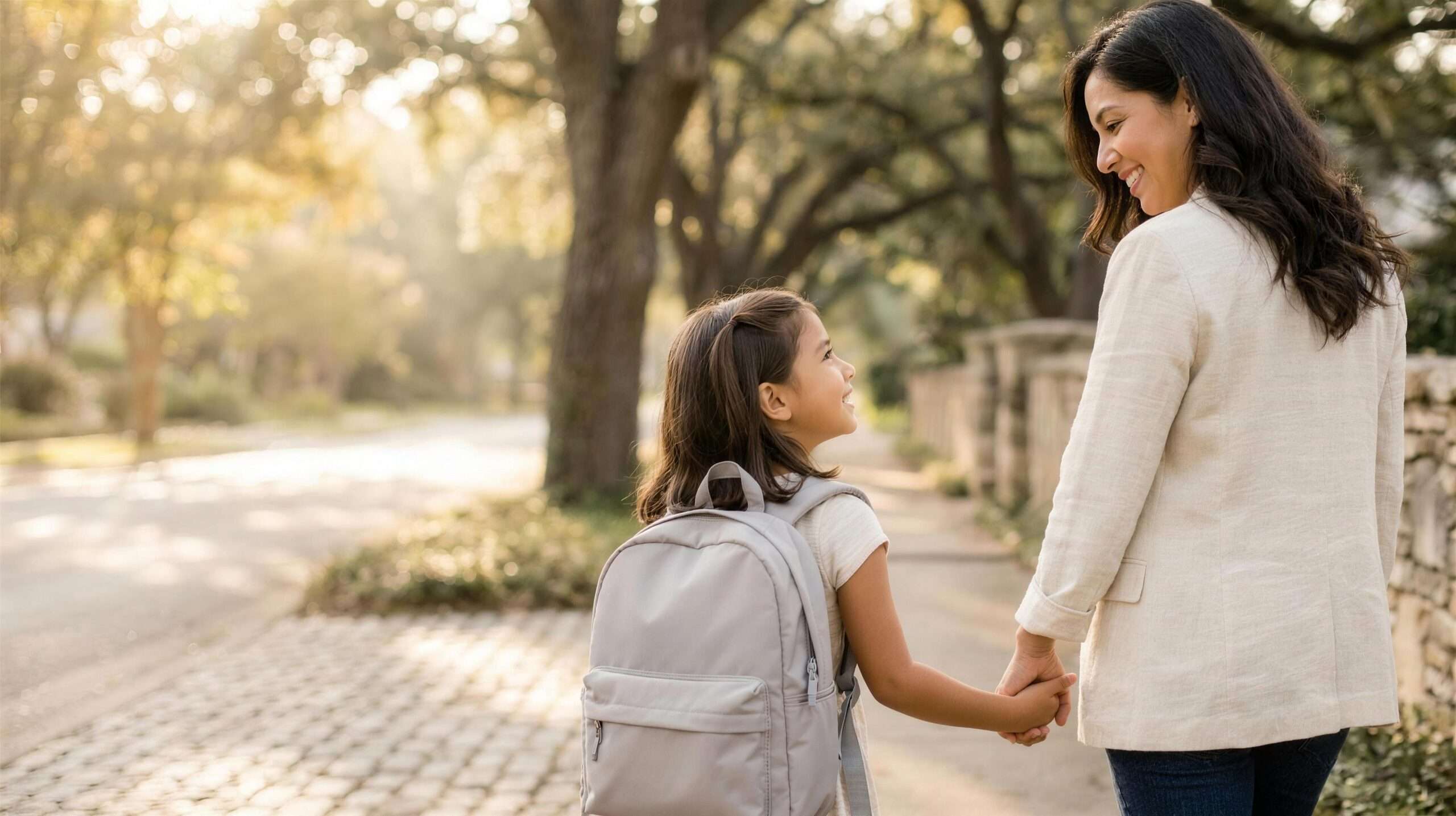 A parent walks hand in hand with their child on the way to school.