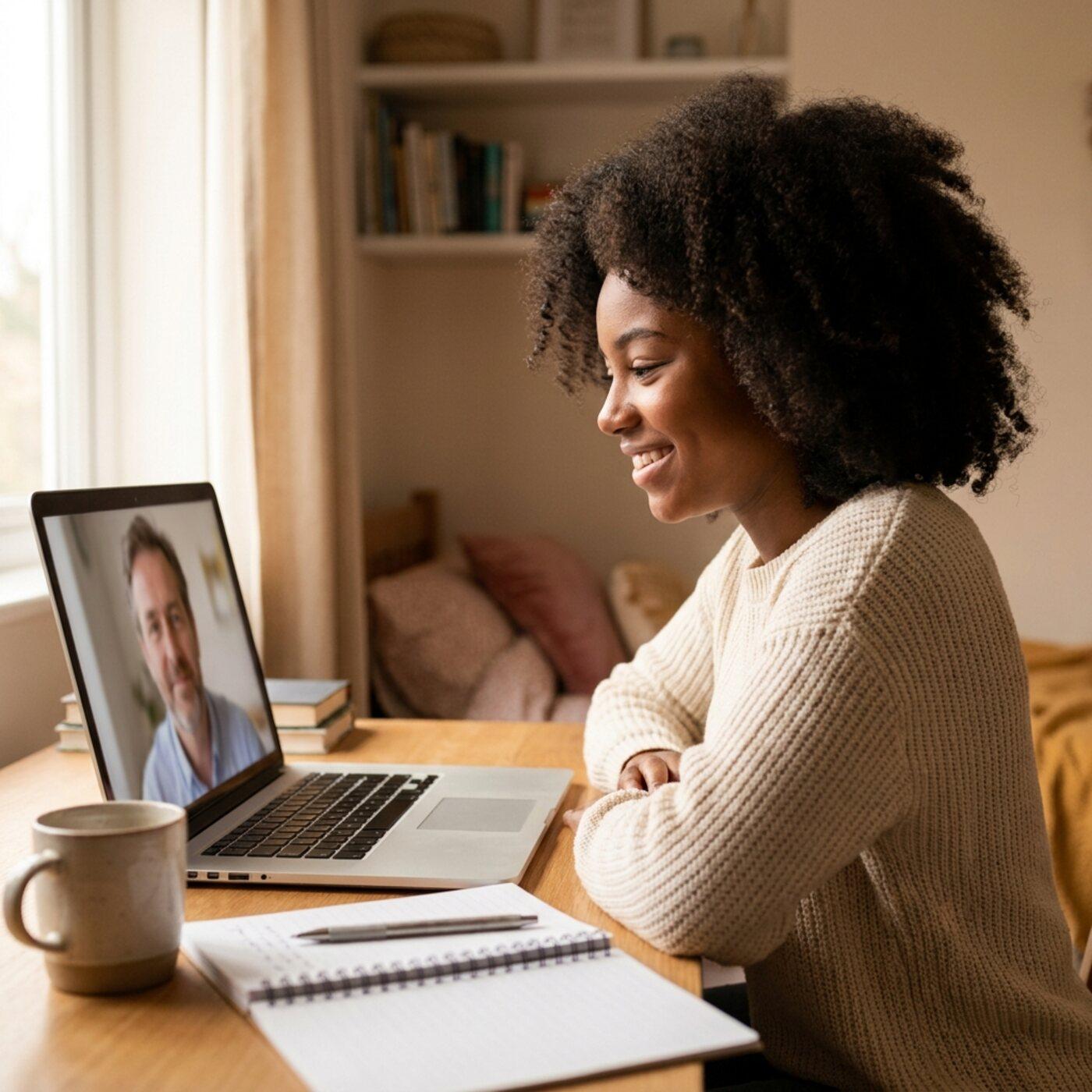 A student in an online tutoring session with her tutor on the laptop screen